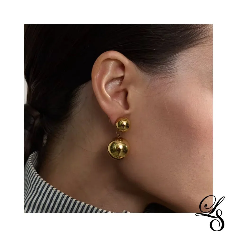 🌟 New 18K Gold Double Sphere Elegant Dangle Earrings 🌟 - Picture 3 of 4